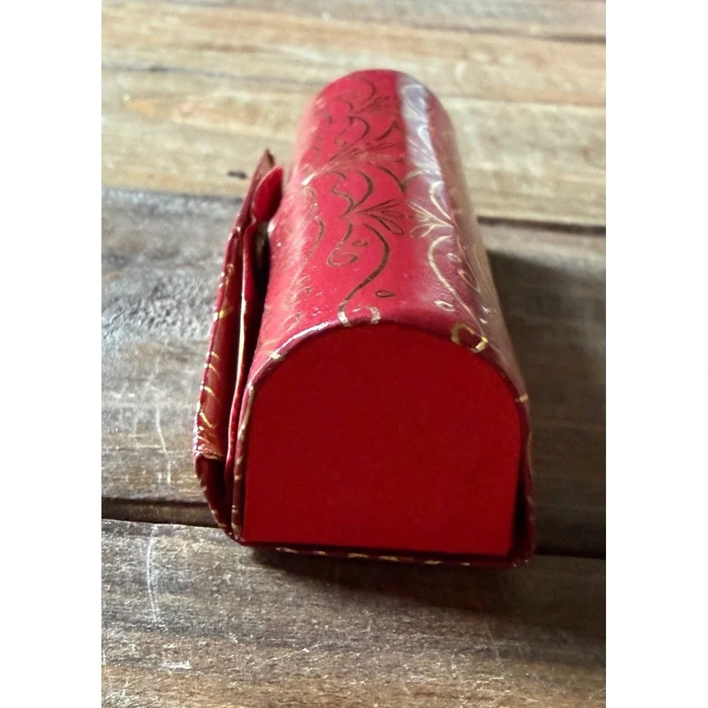 Vintage Italian Red Leather Lipstick Case Gold Florentine Scroll Mirror Italy
